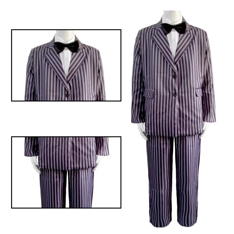 Paletó e calça listrados do cosplay do Gomez Addams em close, A Família Addams