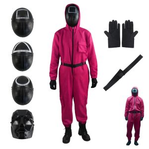 Macacão rosa de guarda de Round 6 com cinto, luvas e quatro máscaras pretas