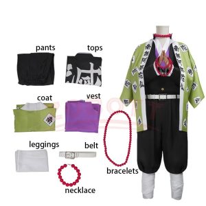 Peças do cosplay do Gyomei Himejima, Demon Slayer: haori verde, colete roxo e lista do conjunto