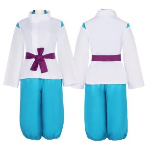 Traje do Haku em manequim, frente e costas, com camisa branca, calça azul e faixa roxa