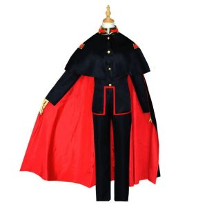 Cosplay do Hanako, de Toilet-Bound Hanako-kun, em manequim: uniforme preto e capa de forro vermelho