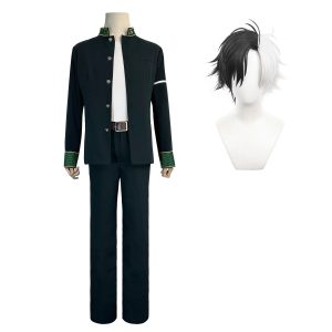 Jaqueta verde-escura de punhos bordados e calça do cosplay do Haruka Sakura, de Wind Breaker, com peruca bicolor