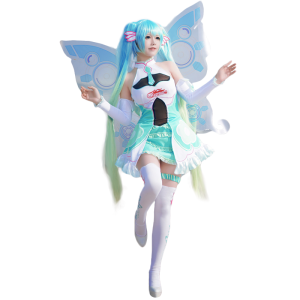 Modelo vestindo o cosplay da Hatsune Miku, de Vocaloid, com asas de fada e peruca turquesa