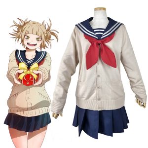 Traje da Himiko Toga, de My Hero Academia: cardigã bege, marinheira azul e laço vermelho