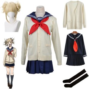 Himiko Toga, de My Hero Academia: cardigã bege, blusa de marinheiro azul, peruca loira e meias