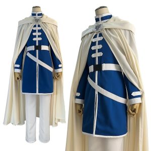 Cosplay do Himmel, de Frieren: casaco azul de faixas brancas, capa creme com capuz e calça branca em manequim