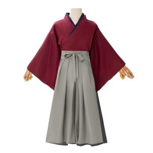 Quimono vinho com hakama cinza-claro do cosplay do Himura Kenshin em manequim