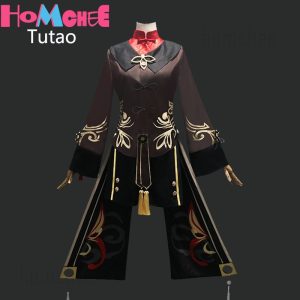 Traje da Hu Tao, de Genshin Impact: casaco marrom-escuro com bordados dourados e calça