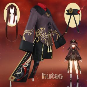 Traje da Hu Tao, de Genshin Impact: casaco marrom e preto, chapéu e peruca castanha