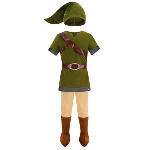 Traje infantil do Link com chapéu verde, túnica, cinto, calça bege e cobre-botas marrons