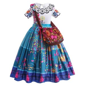 Vestido infantil da Mirabel, Encanto, com blusa branca florida e saia azul estampada