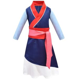 Vestido tradicional azul com faixa rosa do cosplay infantil da Mulan, de frente