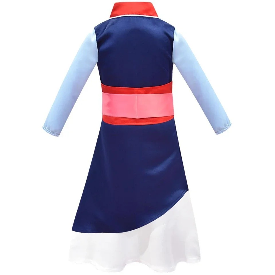 Costas do vestido azul com faixa rosa do cosplay infantil da Mulan