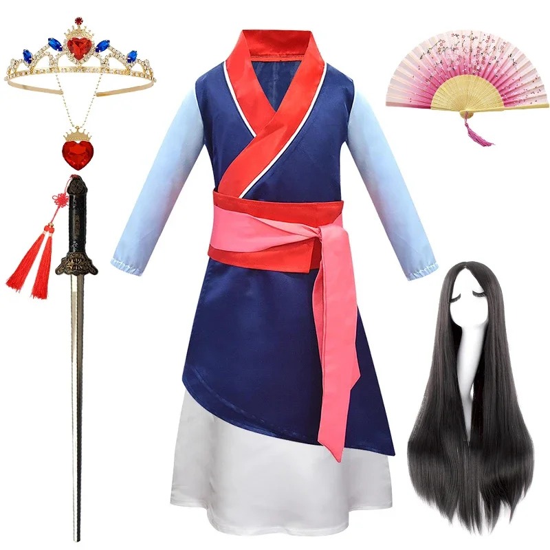 Vestido da Mulan com tiara, leque, espada e peruca na foto do anúncio