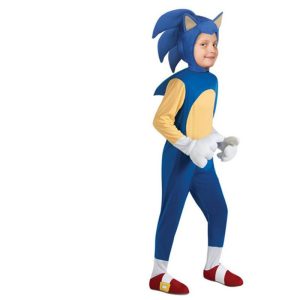 Macacão infantil do Sonic, azul com barriga e braços bege, máscara e luvas brancas