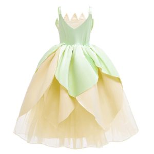 Vestido infantil da Tiana em manequim, saia de pétalas verdes e amarelas com tule, A Princesa e o Sapo