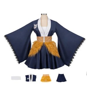 Jaqueta azul-marinho e saia com faixa de pelo do cosplay do Inosuke, Demon Slayer, em manequim