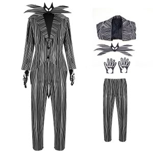 Conjunto do Jack Skellington de frente e peças separadas: paletó, calça, gravata e luvas