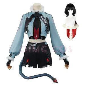 Jaqueta azul-clara de gola felpuda, gravata vermelha, shorts e cauda do cosplay da Jane Doe, de Zenless Zone Zero