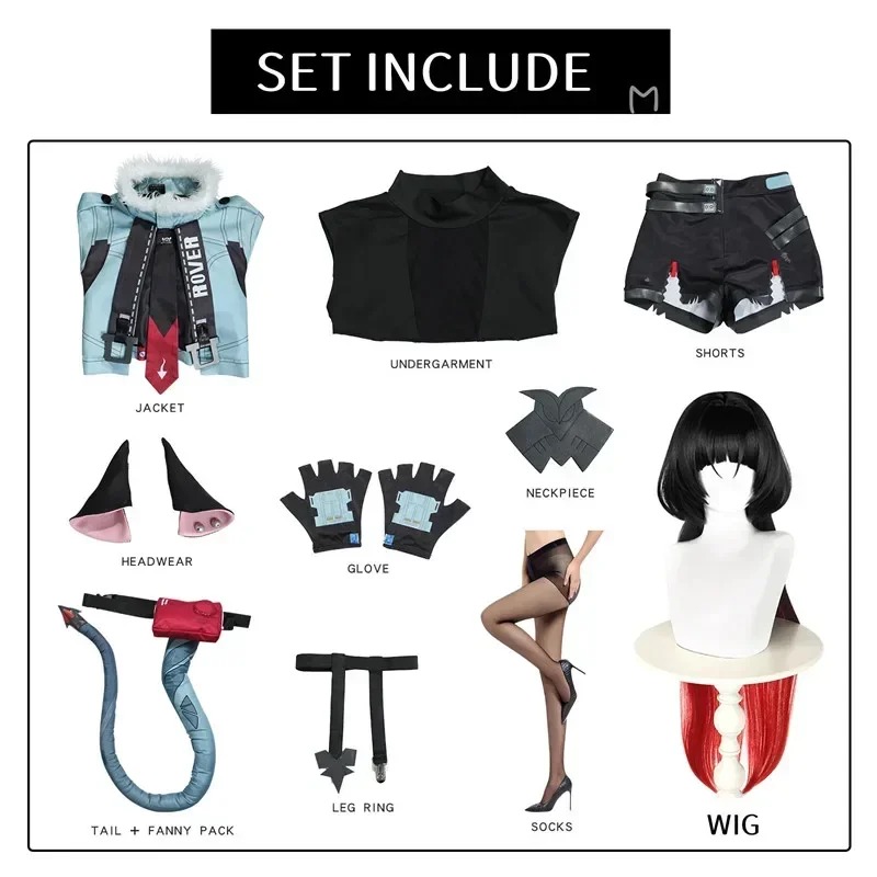 Peças do cosplay da Jane Doe: jaqueta, shorts, orelhas, luvas, cauda, meias e peruca preta