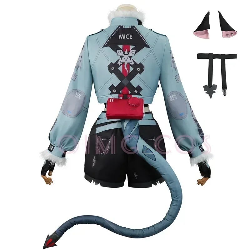 Costas da jaqueta do cosplay da Jane Doe, de Zenless Zone Zero, com cauda, orelhas e liga de perna