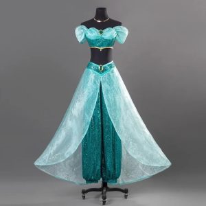 Conjunto turquesa de calça bufante e saia translúcida da Jasmine, Aladdin, em manequim