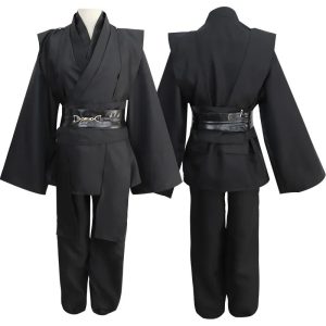 Conjunto Jedi preto com manto, túnica, calça e cinto, no estilo Anakin Skywalker