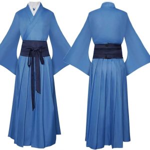 Traje do Jinshi: casaco azul-marinho bordado sobre camisa e saia azuis, de frente e de costas