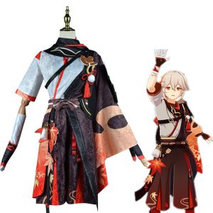 Traje do Kaedehara Kazuha, de Genshin Impact, com estampa vermelha e preta
