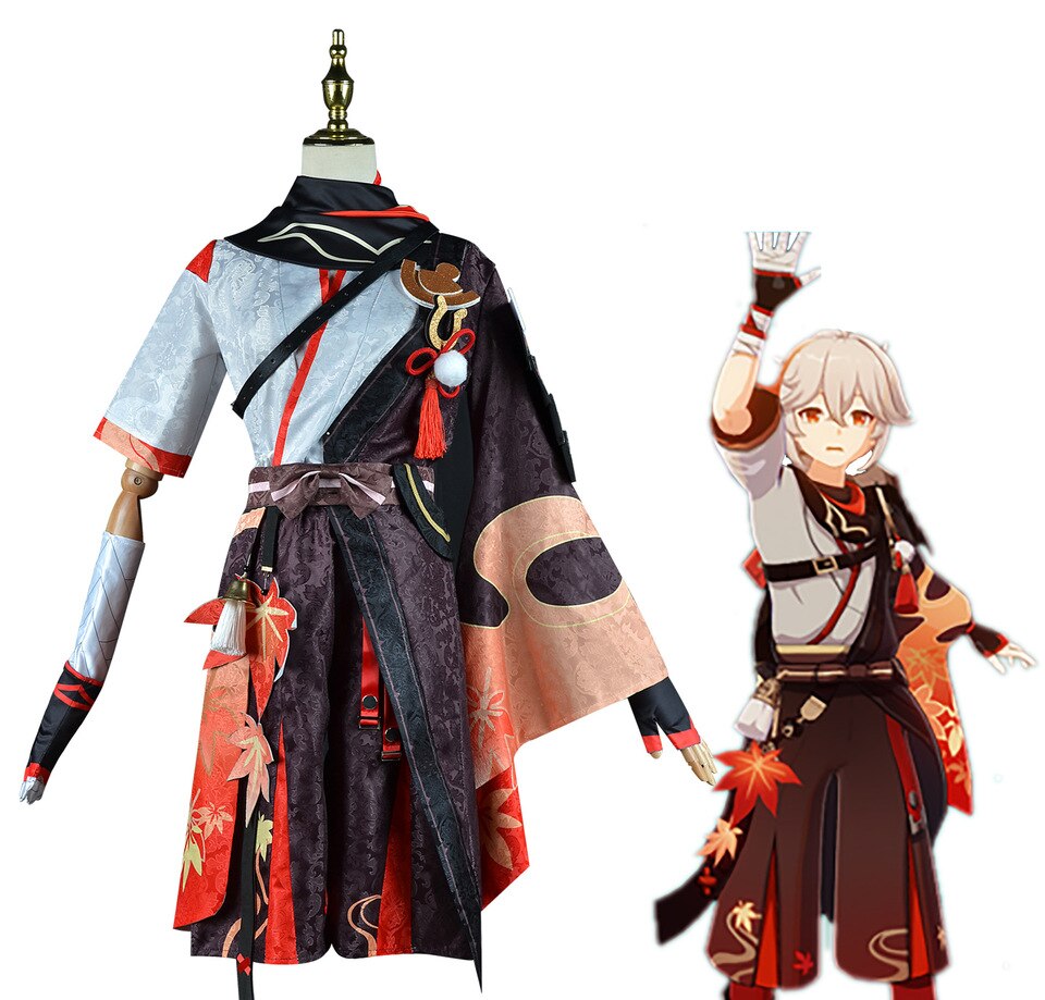 Traje do Kaedehara Kazuha, de Genshin Impact, com estampa vermelha e preta