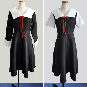 Vestido preto de gola marinheiro branca e laço vermelho do cosplay da Kaguya Shinomiya
