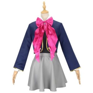 Jaqueta azul-marinho com laço rosa e saia cinza do cosplay da Kana Arima, Oshi no Ko