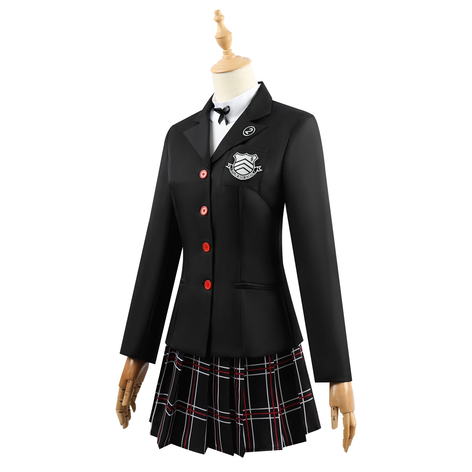 Uniforme escolar de Persona 5 em manequim: casaco preto de botões vermelhos, camisa e saia xadrez