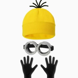 Touca amarela, óculos cinza e luvas pretas do kit de fantasia de Minion, de Meu Malvado Favorito