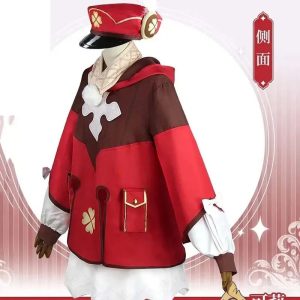 Cosplay da Klee em manequim, de lado: casaco vermelho e boné com trevo, Genshin Impact