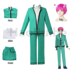 Saiki Kusuo, de Saiki Kusuo no Psi-nan: conjunto verde, camisa branca e peruca rosa