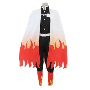 Fantasia do Kyojuro Rengoku, Demon Slayer, com uniforme preto e capa branca estampada de chamas