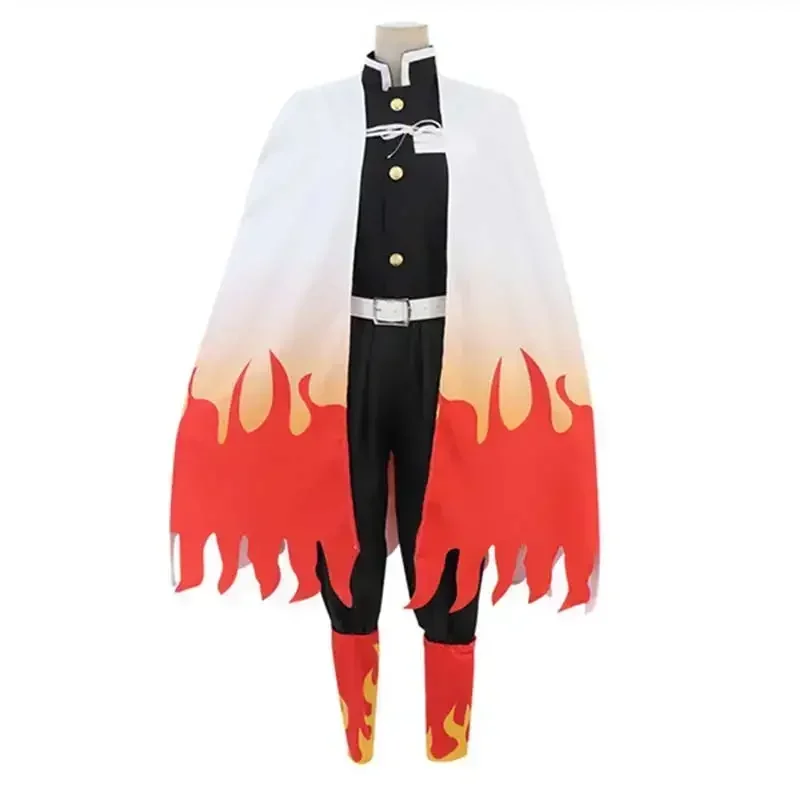 Fantasia do Kyojuro Rengoku, Demon Slayer, com uniforme preto e capa branca estampada de chamas