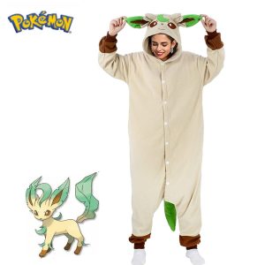 Macacão pijama do Leafeon, de Pokémon, bege com orelhas verdes no capuz