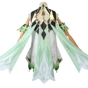 Traje da Lesser Lord Kusanali, de Genshin Impact, em branco e verde-claro com detalhes dourados