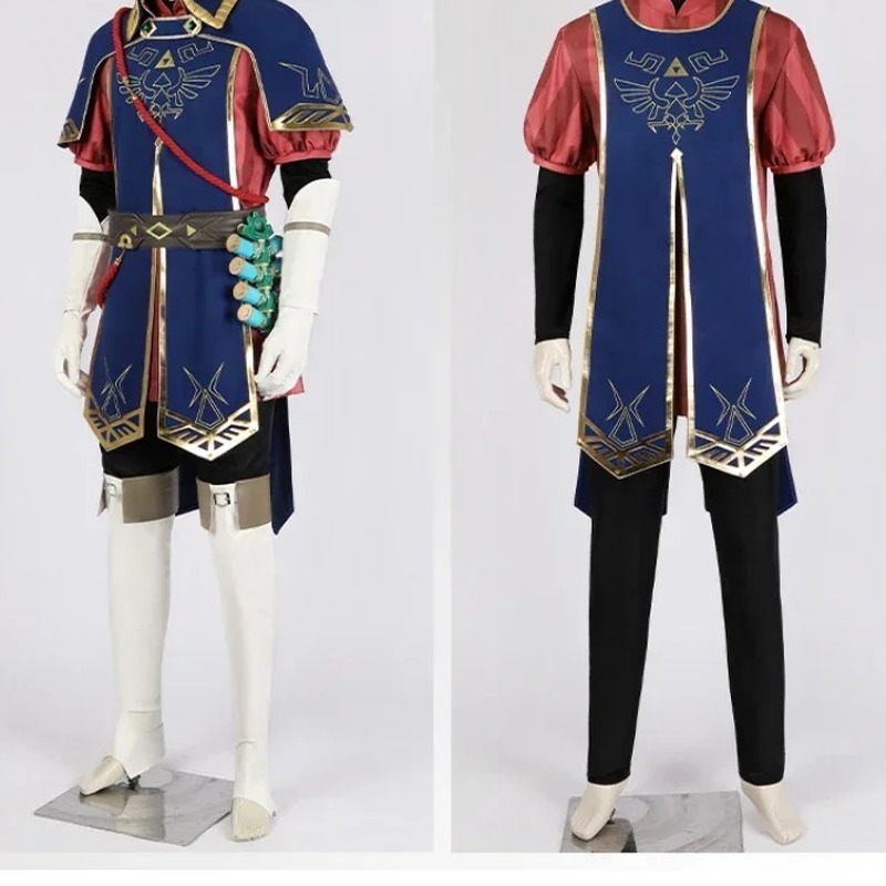 Cosplay do Link de Guarda Real, azul e vermelho, de frente e de costas, em Tears of the Kingdom