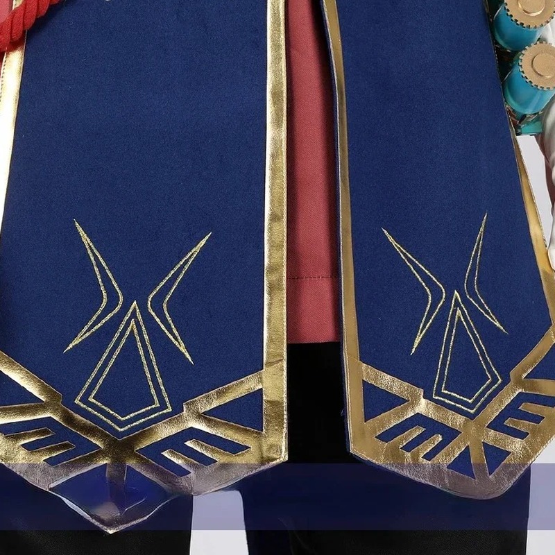 Barra azul com detalhes dourados da túnica do cosplay do Link, Guarda Real de Zelda