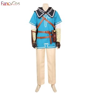 Cosplay do Link, de Breath of the Wild, com túnica azul, calça bege, luvas e cinto marrom
