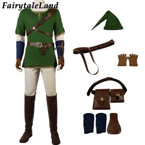 Cosplay do Link, de Twilight Princess, com túnica verde, gorro, cinto, luvas, bolsa e botas