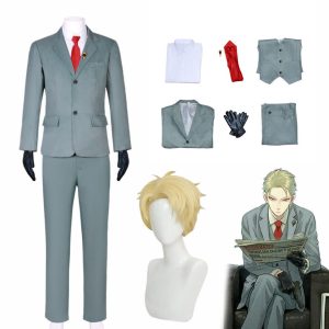 Traje do Loid Forger, de Spy x Family: terno cinza, colete, camisa, gravata vermelha e peruca loira