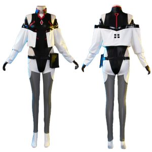 Traje branco e preto da Lucy, de Cyberpunk: Edgerunners, com meias cinza, de frente e de costas