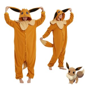 Macacão pijama marrom do Eevee, de Pokémon, com orelhas e gola bege