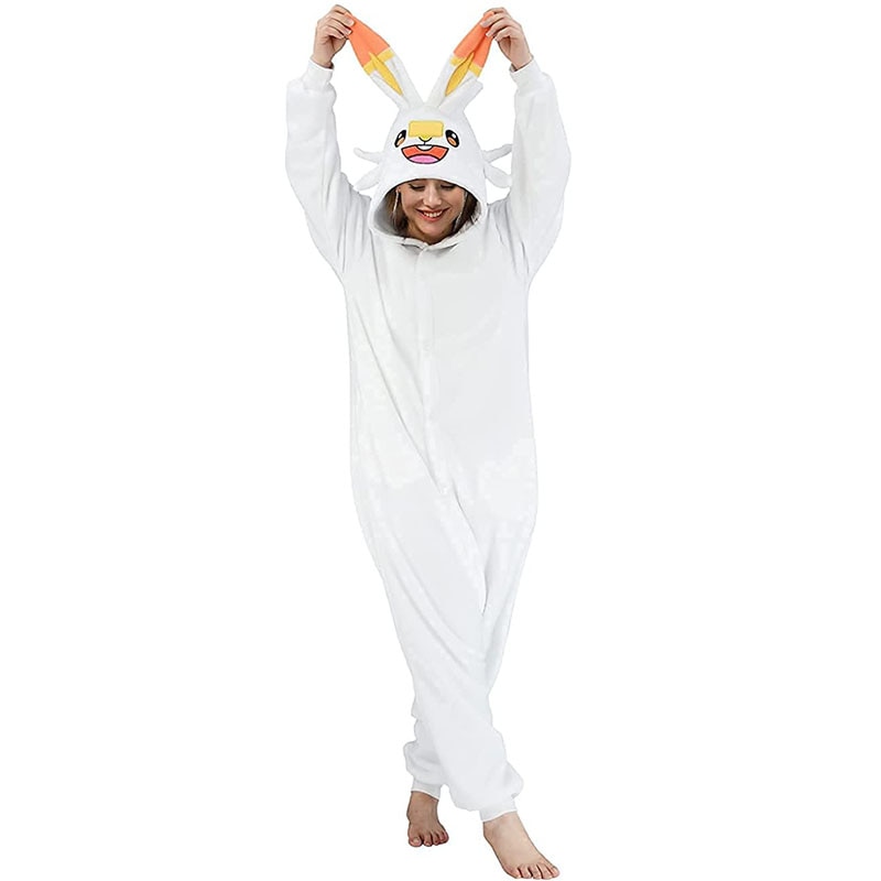 Macacão pijama branco do Scorbunny, de Pokémon, com orelhas e detalhes laranja