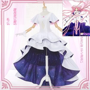 Vestido branco e azul estrelado da Madoka Kaname, de Madoka Magica, com babados