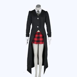 Uniforme da Maka Albarn, de Soul Eater: casaco longo preto, saia xadrez vermelha e gravata